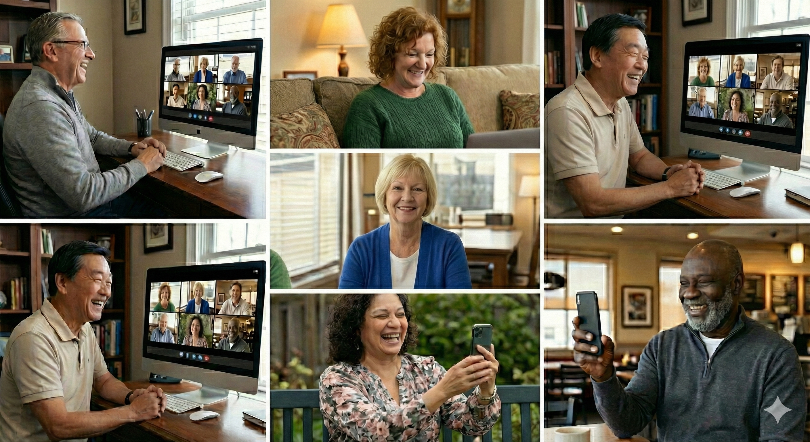 Seven individual friends connecting from their own homes