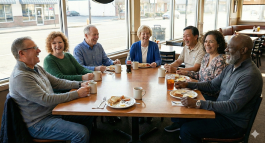 A group of seven friends laughing and enjoying coffee around a table